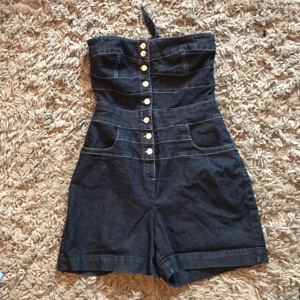 Express Jeans Denim Strapless Button Up Romper